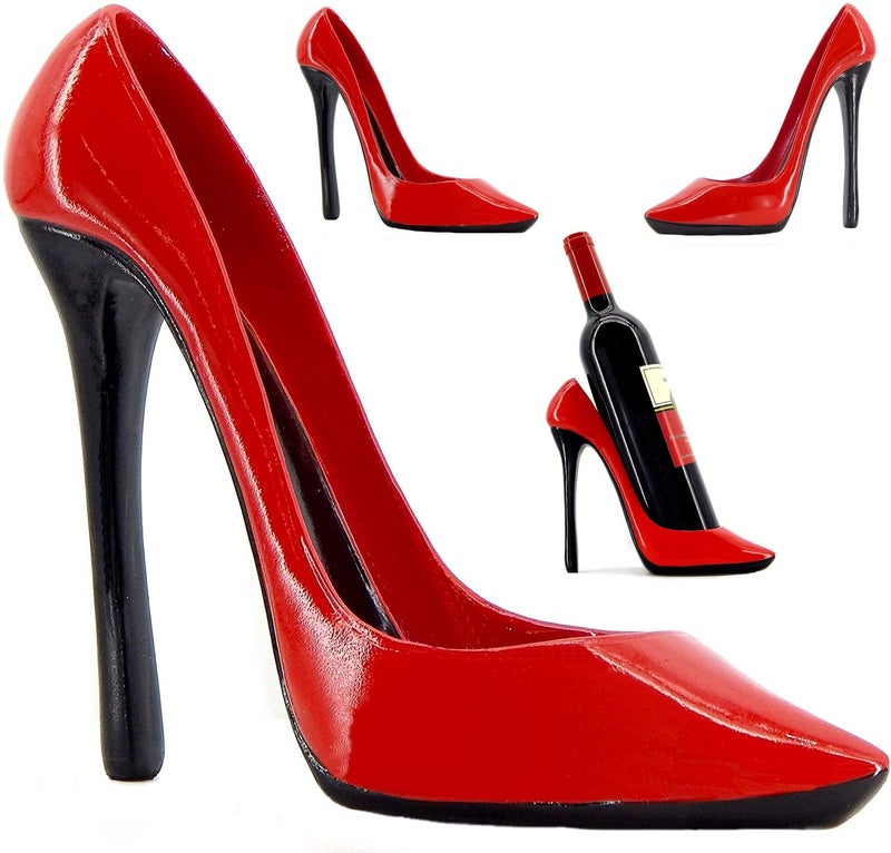 Bellaa 21381 Wine Bottle Holder Shoe Red Black High Heel Shaped Stiletto 8 Inch Tall - Image 1
